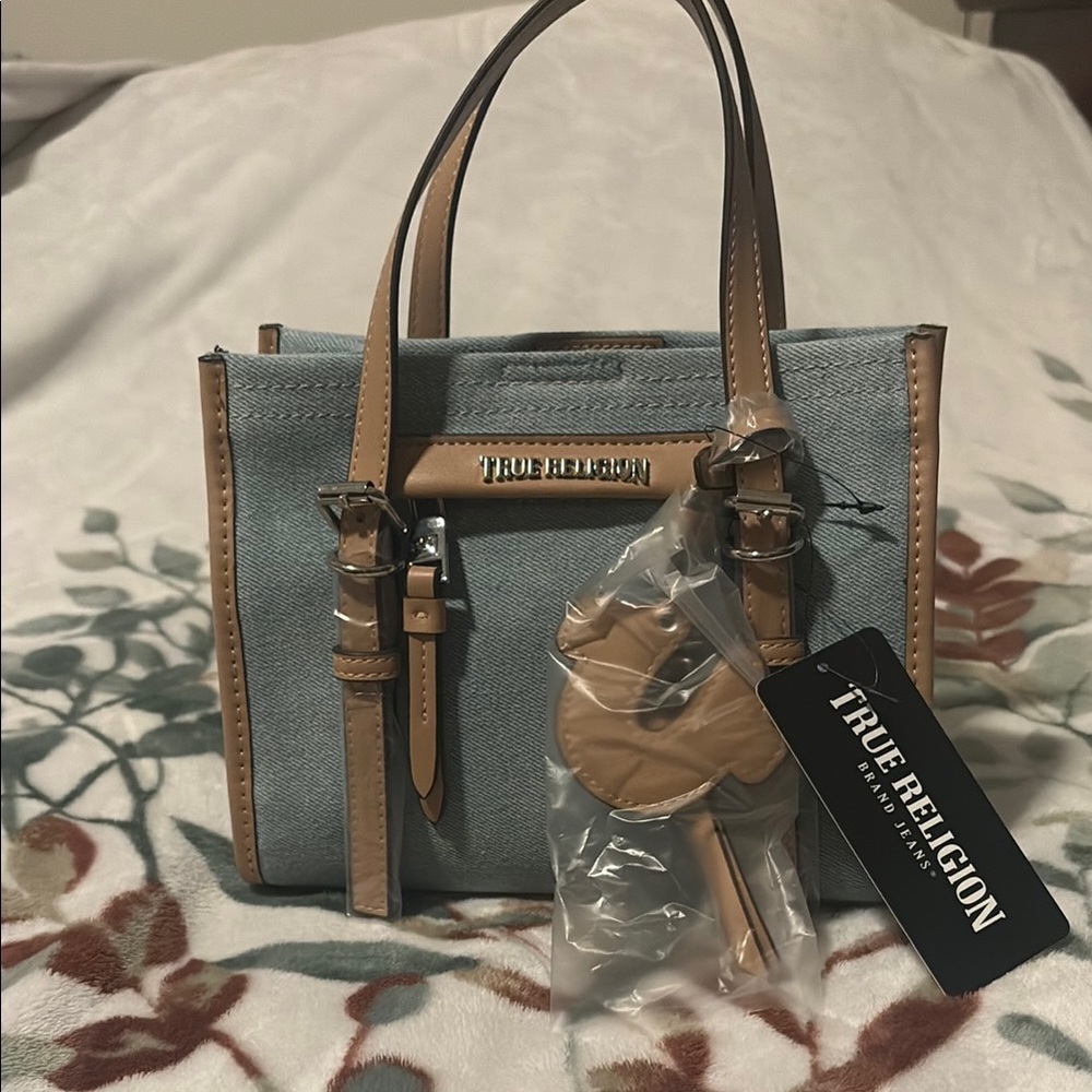 True Religion Blue Canvas & Tan Leather Trim Mini Tote